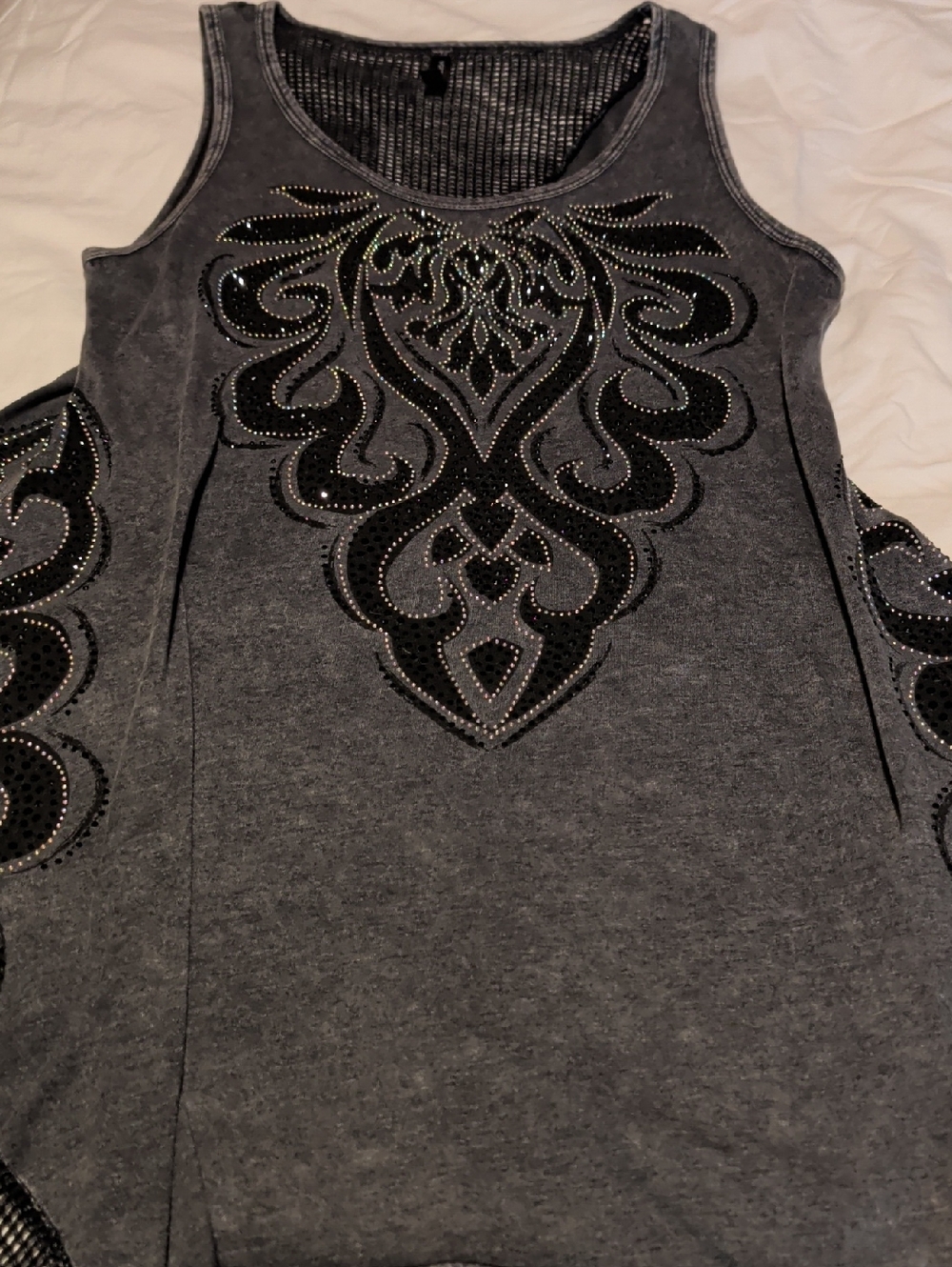 Gray Embellished Sleeveless Tank Top with Black Applique